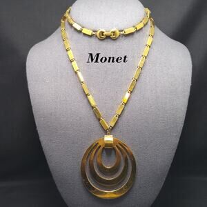 Vintage Monet Tournee Pendant Necklace Long Gold Plated 1960s
